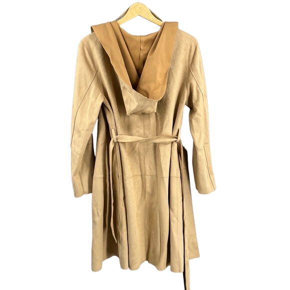 Zara Coat Camel Hooded Faux Suede Open Front Belted Pockets Size Small New - Picture 5 of 7